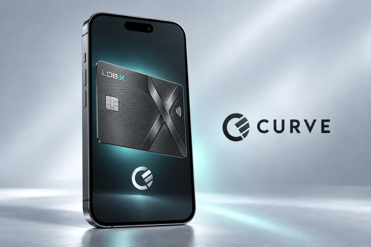LDB-X graphite card on a phone beside the Curve logo — illustrative wallet concept