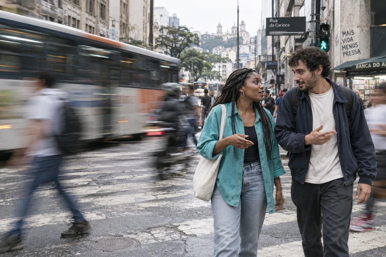 Two friends crossing a busy city street, sharp against the movement of traffic