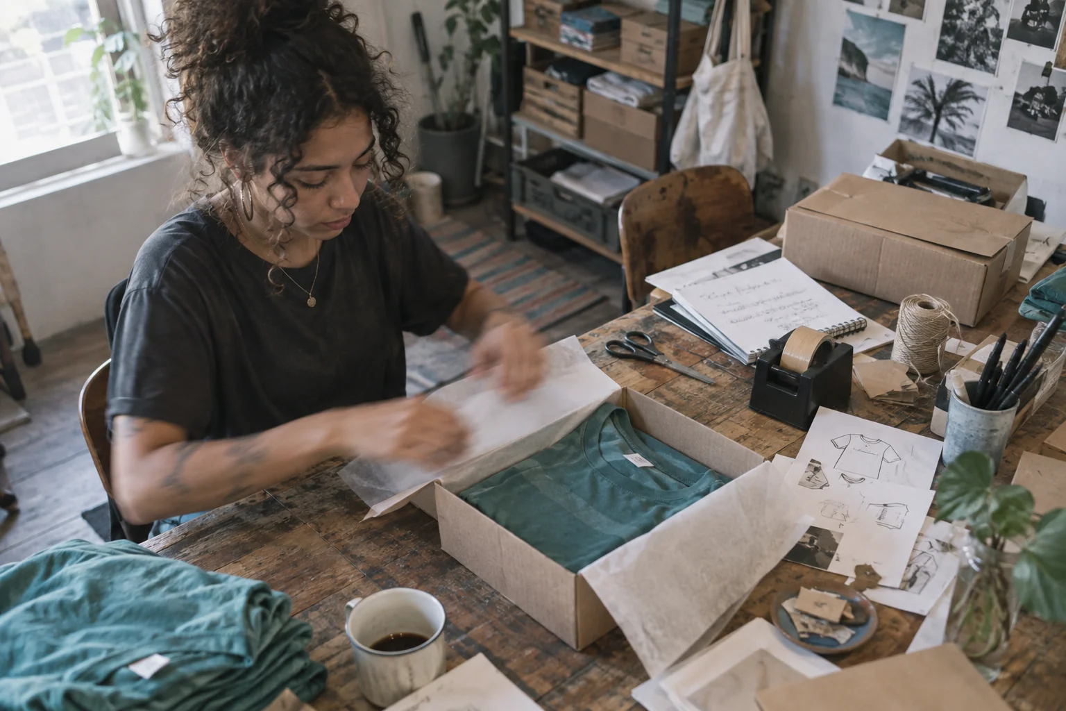 An independent business owner packing an order at her worktable
